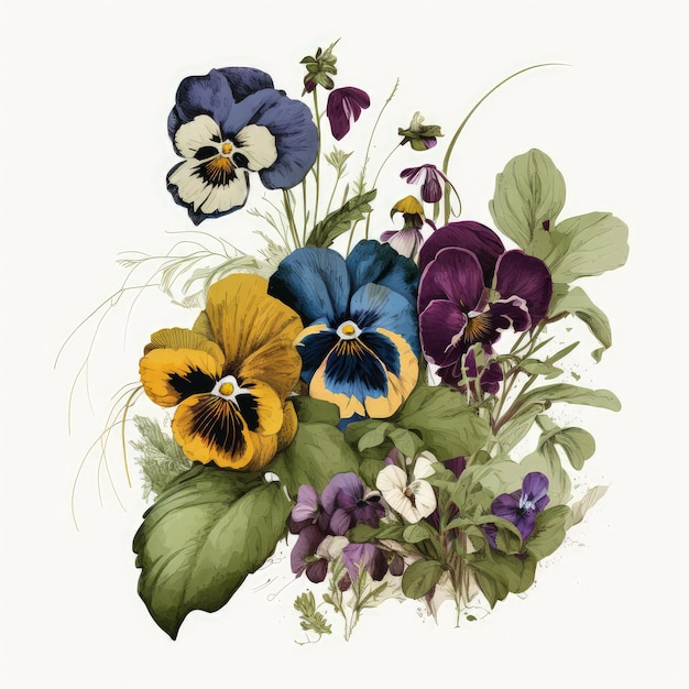 Pansy Bloemen Botanische Illustratie Geïsoleerde Viola Bloem op Witte Achtergrond Abstracte Generatieve AI Illustratie