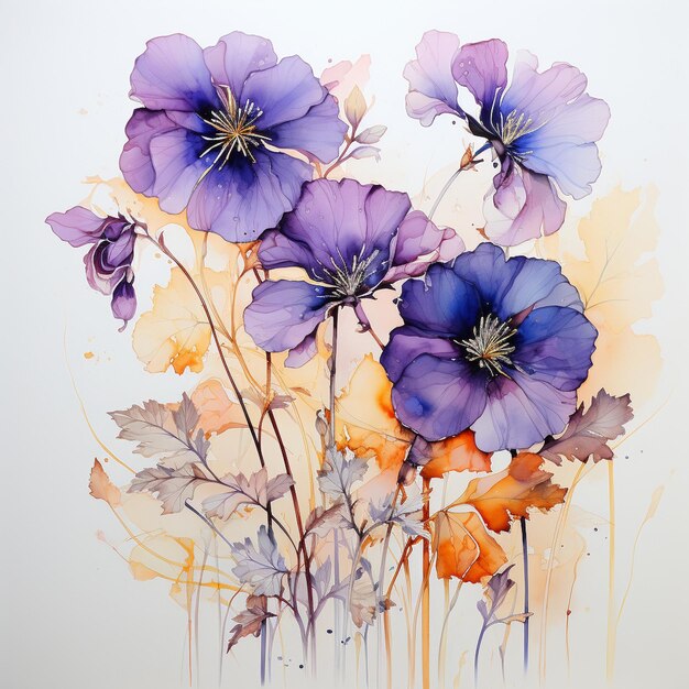 Pansy flowers Long stems leaves Thin black inky outline around flower petals watercolor painting