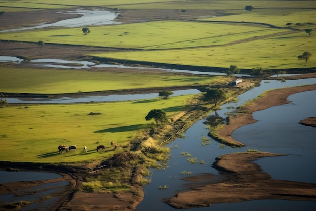 Pantanal with cotton and corn cultivation areas landscape full of rivers and exotic fauna Generative AI