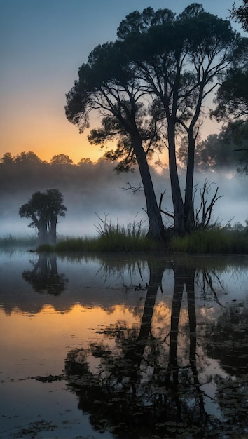 Pantano Neblinoso al Amanecer con Arboles Retorcidos