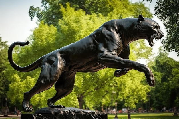 Foto panter die door het park springt en pronkt met zijn magnifieke en krachtige lichaamsbouw