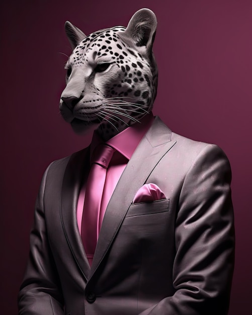 Photo panther dressed in an elegant modern suit with a nice pink tie fashion portrait of an