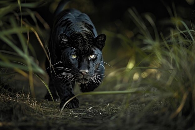 Photo the panther is crouched low muscles tensed as it prepares to pounce with unmatched precision