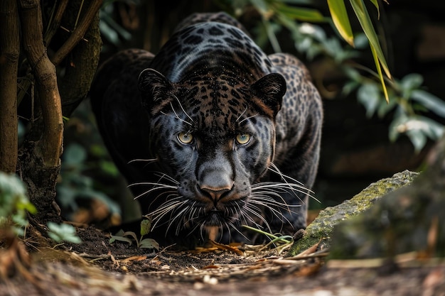 Photo the panther is crouched low muscles tensed as it prepares to pounce with unmatched precision