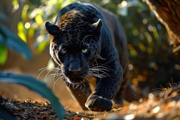 The Panther is crouched low muscles tensed as it prepares to pounce with unmatched precision