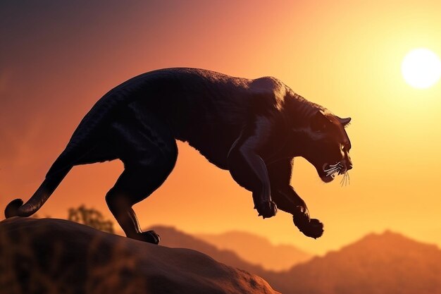 Panther op jacht in een sprong op de dag van Afrika tegen de achtergrond van de opkomende zon AI gegenereerd