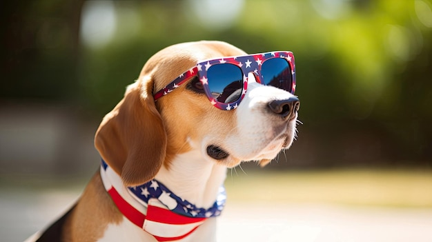 Panting Beagle dog outside wearing fun patriotic flag 4th of july with Generative AI Technology