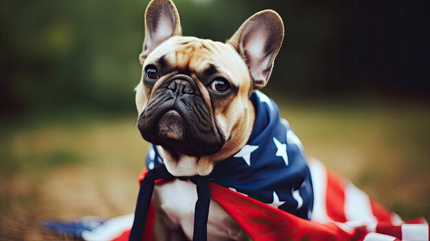 Foto ansimando il cane bulldog francese all'esterno che indossa una bandiera americana con la tecnologia generativa ai