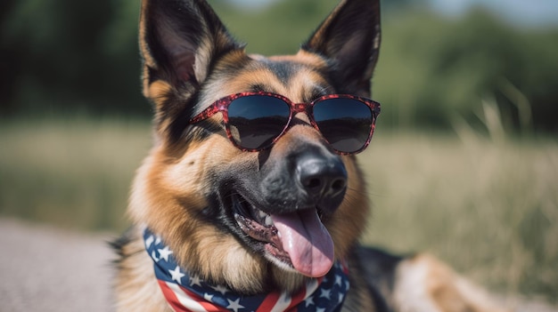 Panting german shepherd dog outside wearing fun patriotic usa bandana 4th of july