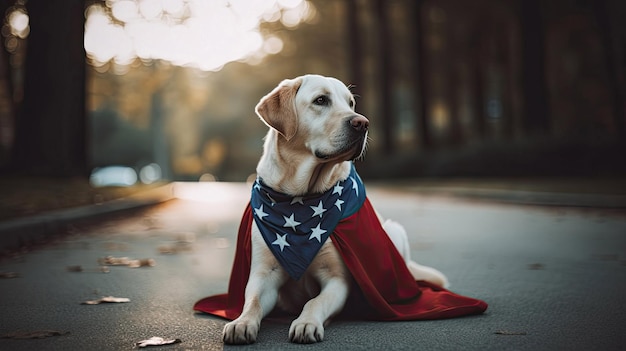 Panting Labrador Retriever dog outside wearing Patriotic cape 4th of july