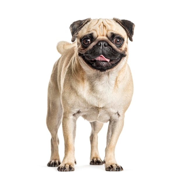 Panting and sitting Pug isolated on white