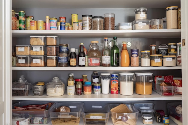 A pantry with food items neatly organized and labeled created with generative ai