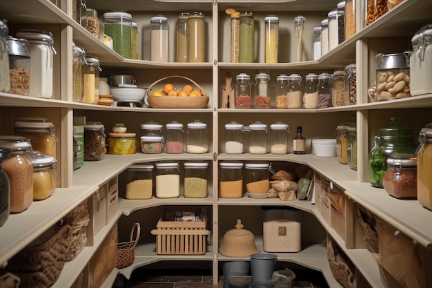 A pantry with shelves neatly arranged and a variety of foods stored created with generative ai