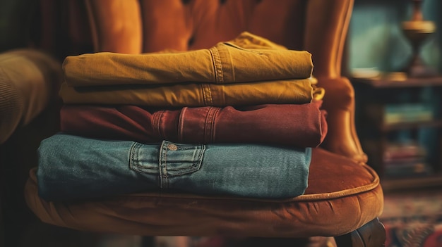 Photo pants are set up on a chair in closeup generative ai