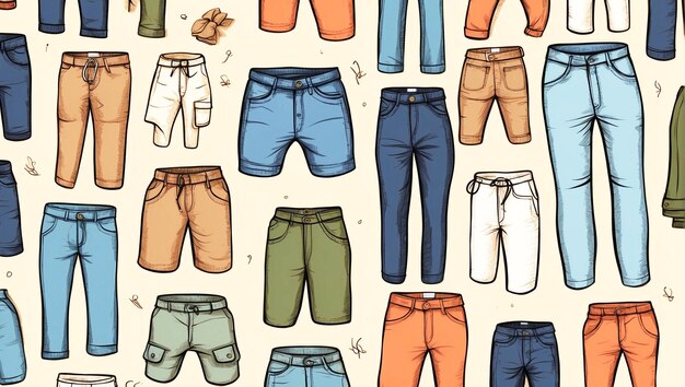 Photo pants and shorts in vibrant colors in illustration design forming seamless pattern background