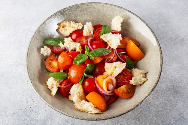 Foto panzanella classica insalata italiana con ciabatta rossa e pomodori gialli cipolla rossa