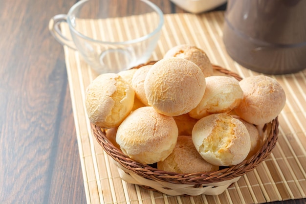 pão de queijo or brazilian cheese bread in a basket