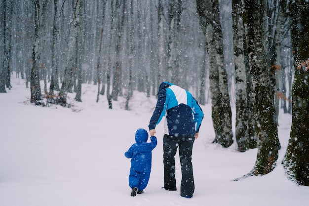 Papa loopt met een klein kind bij de hand door de sneeuwval door het bos achteruitzicht