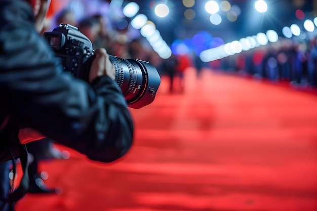 Photo paparazzi and journalists eagerly anticipate famous stars on a deserted red carpet concept premiere event celebrity spotting gossip columns exclusive interviews high profile attendees