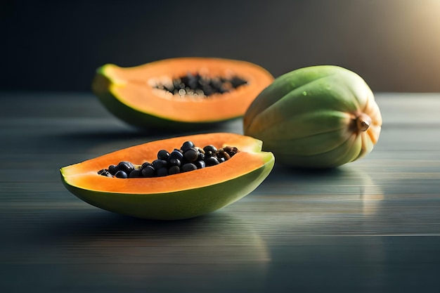 A papaya cut in half and a half of it