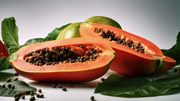 A papaya cut in half and a half with seeds on the side