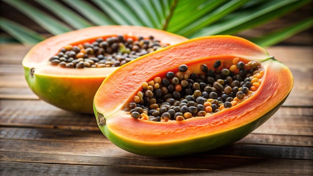 a papaya cut in half sits on a wooden table