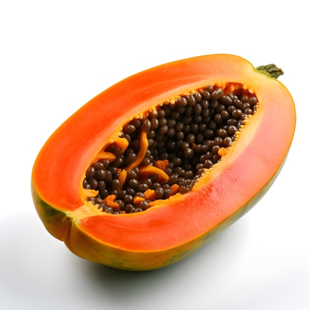 A papaya cut in half with seeds inside.