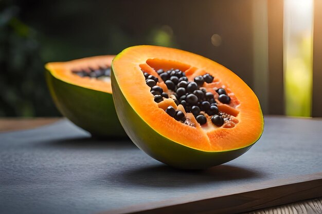 a papaya cut into half sits on a table.