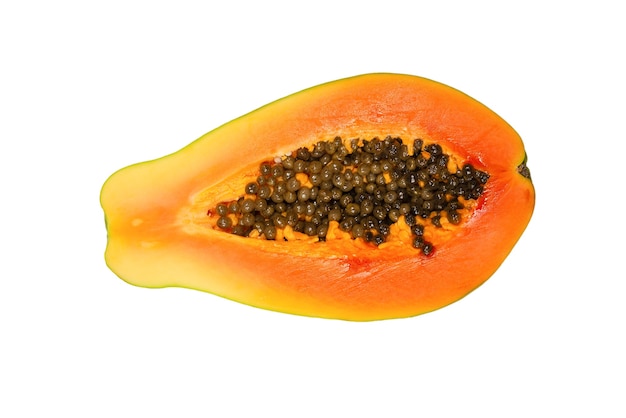 Papaya fruit isolated on a white background. Tropical fruit. Half papaya. Top view.