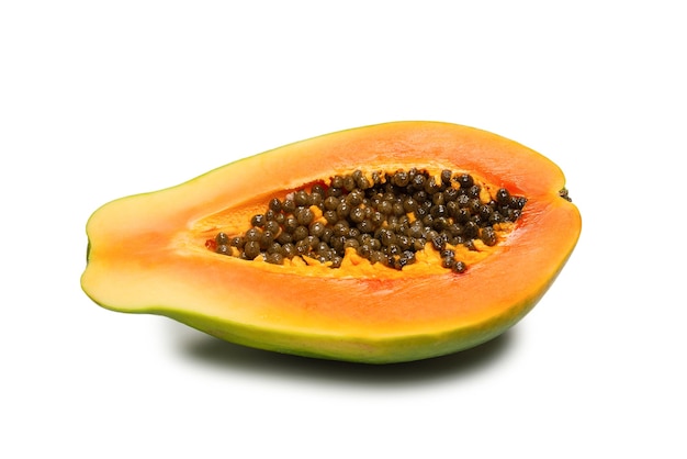 Papaya fruit isolated on a white background. Tropical fruit. Half papaya. Top view.