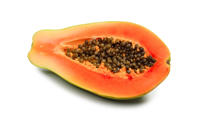 Papaya fruit isolated on a white background. Tropical fruit. Half papaya. Top view.