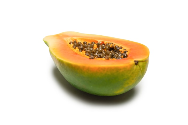 Papaya fruit isolated on a white background. Tropical fruit. Half papaya. Top view.