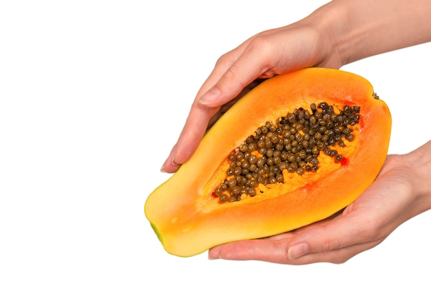 Frutto di papaia isolato su uno sfondo bianco nelle mani della donna. frutta tropicale. mezza papaia.