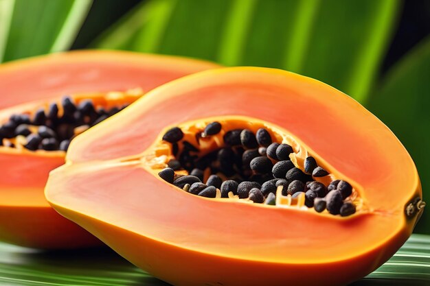 Papaya fruit on tropical palm tree leaf background macro shot halved fresh organic papayas