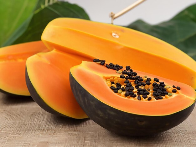 a papaya fruit with black seeds on a wooden stick