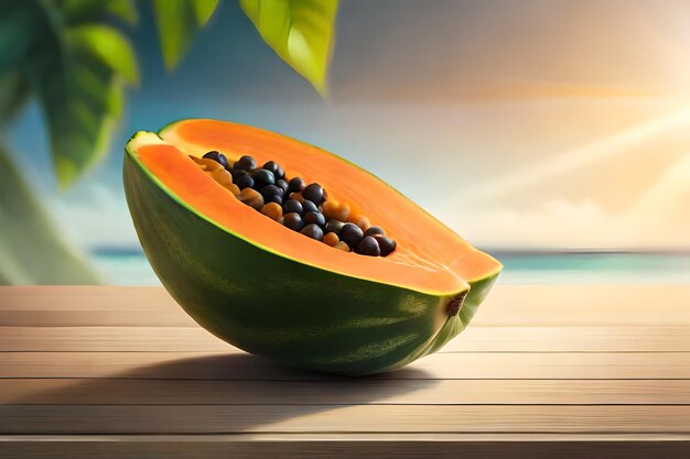 A papaya is on a table with a sun behind it