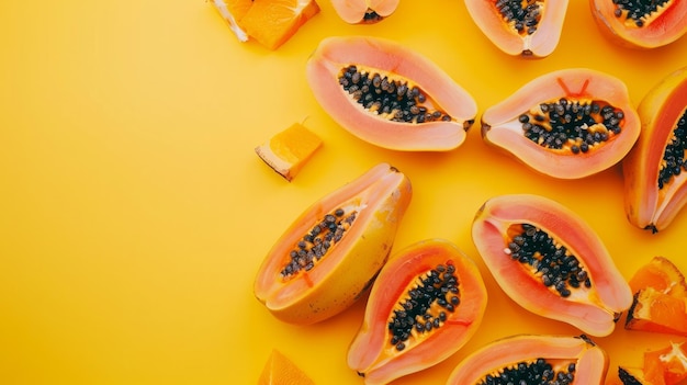 A papaya on the pastel top view background