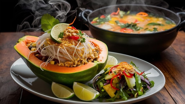 Papaya salad served with rice noodles and vegetable salad decorated with thai food ingredients