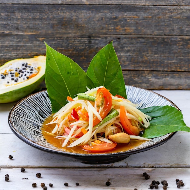 Papaya salad on white background