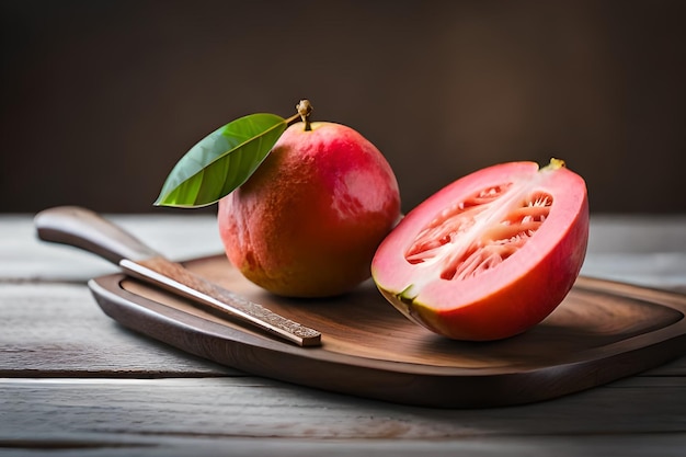 A papaya and a slice of passion fruit on a wooden board.