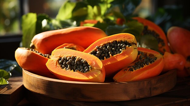 papaya slide circlep or haft or piece to a plate on blue background