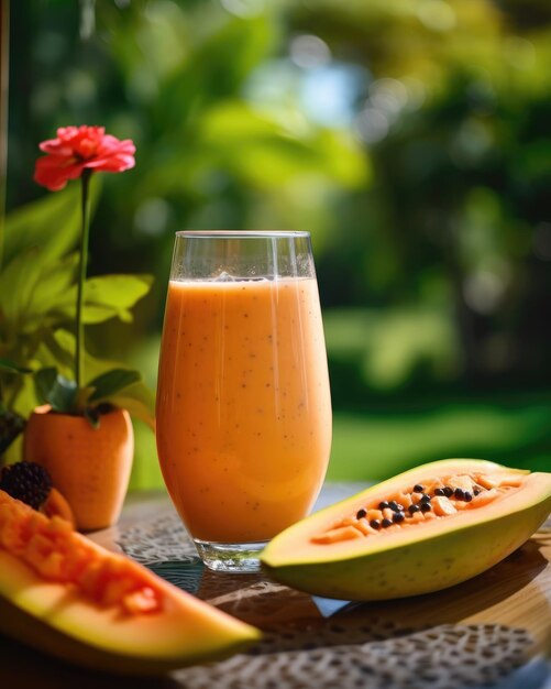 Foto frullato di papaya con sfondo giardino