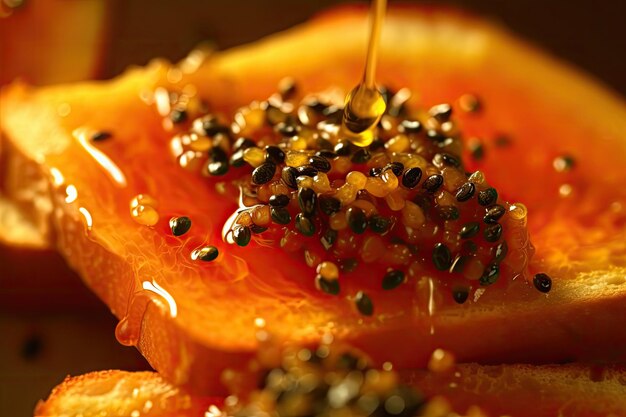 Papaya toast macro shot of a fresh breakfast with dripping honey ai generated