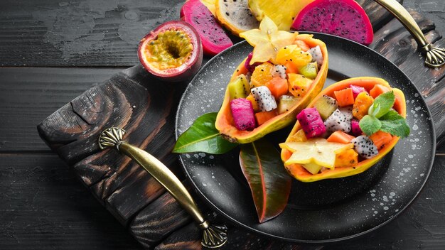 Papaya Tropische Fruitsalade Bovenaanzicht Vrije ruimte voor tekst