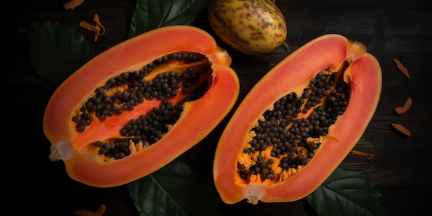 A papaya with black seeds and a yellow mango.