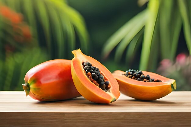 A papaya with seeds on a wooden table