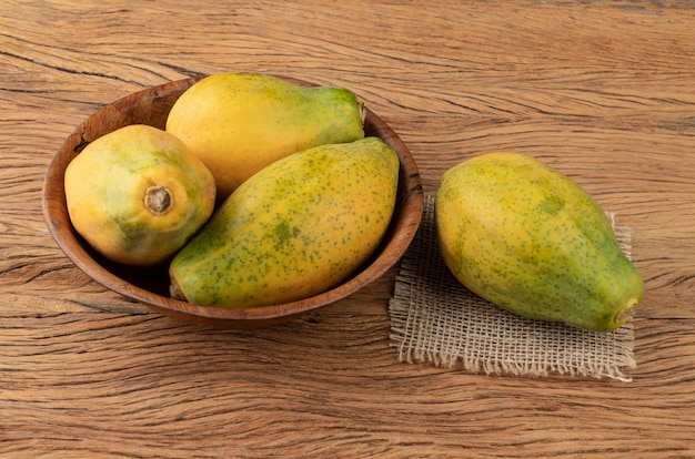 Papayas in a bowl over wooden table