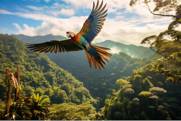 Papegaai die boven het bladerdak van de jungle zweeft met uitzicht op de jungle beneden