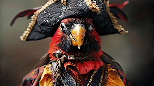 Papegaai in een piratenkostuum met een hoed Mascotte man kleine vriend huisdier close-up veren fotoshoot in een huisdier kostuum De gevederde snuit drukt trots uit Generatief door AI