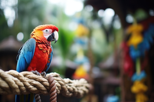 Papegaai met rode en blauwe veren op een perch in een botanische tuin